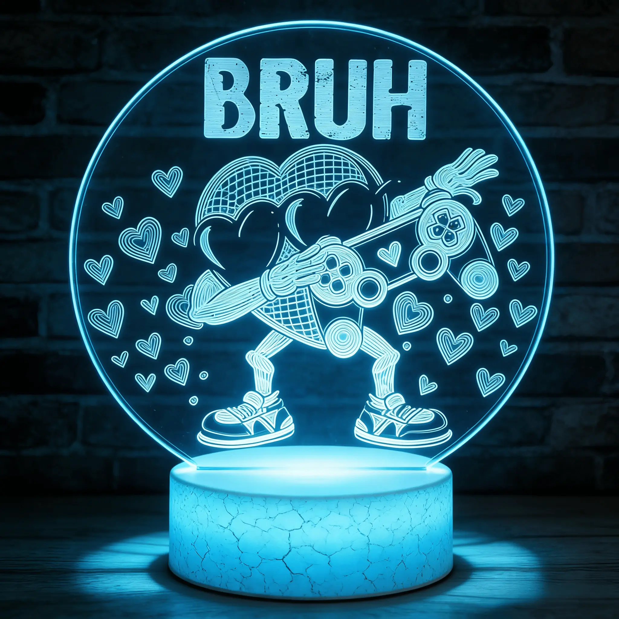 "Bruh" Dabbing Heart Shape 3D Optical Illusion LED Night Light - 7 Colors Simple Touch Lamp, Bedroom Decor Novelty Lighting, Great Birthday Gift for Kids