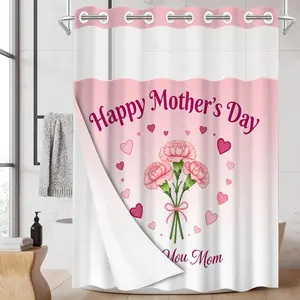 1pc 2D Flat Printing hookless shower curtain, Bathroom Curtain, Mother's Day Carnation Love Heart Image waterproof lining with transparent window, double-layer, 71 x 74 inches, home decoration, Bathroom Accessory