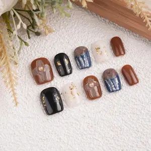 Hand Painted Flower in Gold Short Press On Nails,Reusable Premium Manicure for Birthday Party Holiday,Prom,Wedding,Fall Gifts - Cosmetic