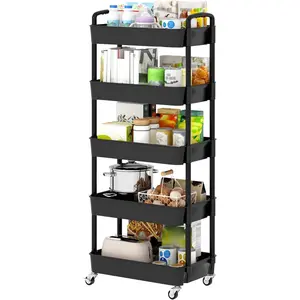 5-Tier Plastic Rolling Utility Cart with Handle, Multi-Functional Storage Trolley for Office, Living Room, Kitchen, Movable Storage Organizer with Wheels, Black