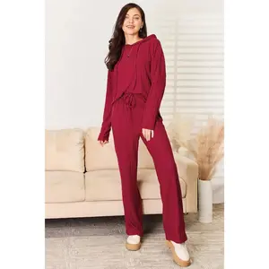 Basic Bae Full Size Ribbed Drawstring Hooded Top & Straight Pants Set - Casual Two-Piece Slightly Stretchy 96% Polyester 4% Elastane