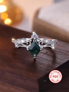 925 Sterling Silver Vintage Artificial Gemstone Decorated Ring, Vintage Inspired Ring, Fashion Jewelry for Party Decor, Trendy All-match & Exquisite Jewelry for Birthday Gift with Box, Elegant Everyday Ring