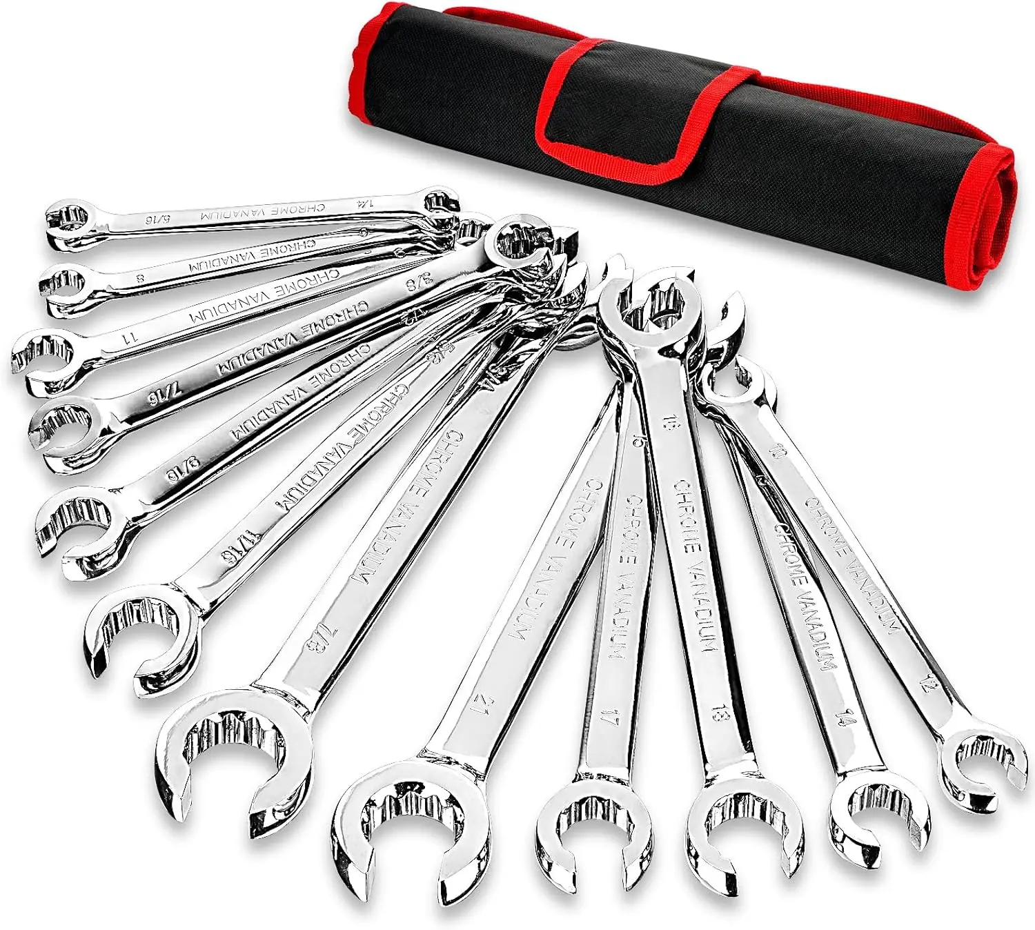 12-Count Heavy Duty Cr-V Alloy Steel Flare Nut Wrench Set - 12-Point Dual Size Metric (6-21mm) & SAE (1/4"-7/8") Open End Line Wrenches for Automotive Repairs, Tube Repairs, Heavy Duty Wrench