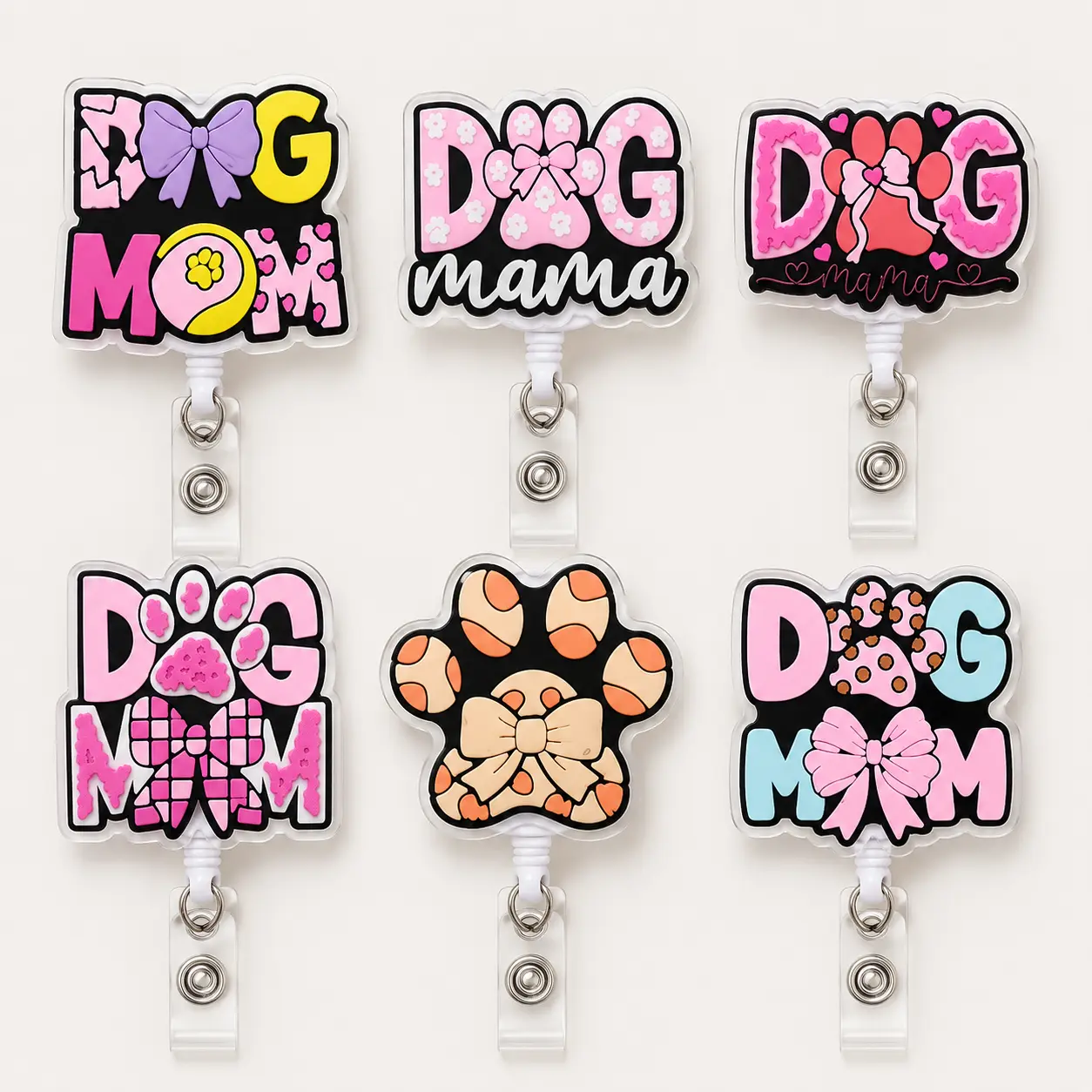 Aesthetic Dog Mama Badge Reel Set, 2D Acrylic Retractable ID Holder, Funny Paw Print Name Tag Gift