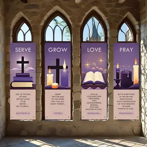 Religious Advent Banner 4pcs Set, Cross & Candle Design, Bible Verses, Church & Christian Home Decor, Festival and Party Supplies