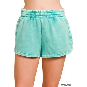 Women's Acid-Washed Cotton Short Shorts - Casual Clothes Bottoms with Elastic Waistband, Adjustable Fit, Cold Wash Compatibility, Lounge & Bleach Designs