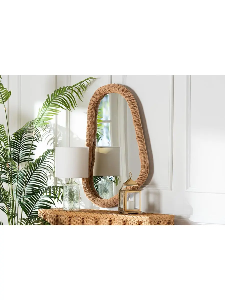 Bali & Pari Ulrica Handwoven Irregular Natural Rattan Wicker Wall Mirror - Honey, Durable Wall-Mount Glass Home Decor, Coastal Style Mirrors for Room Decor, Light Airy Aesthetic, Home Reflections Accessory for Bedroom