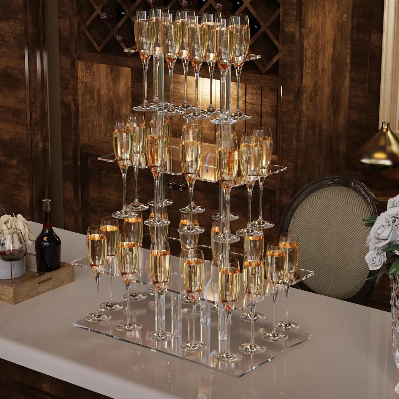 Acrylic Transparent Modern Party Champagne Wall Stand, Champagne Tower Glass Holder, Tall Cup Rack for Wedding, Christmas, Birthday Parties, Home