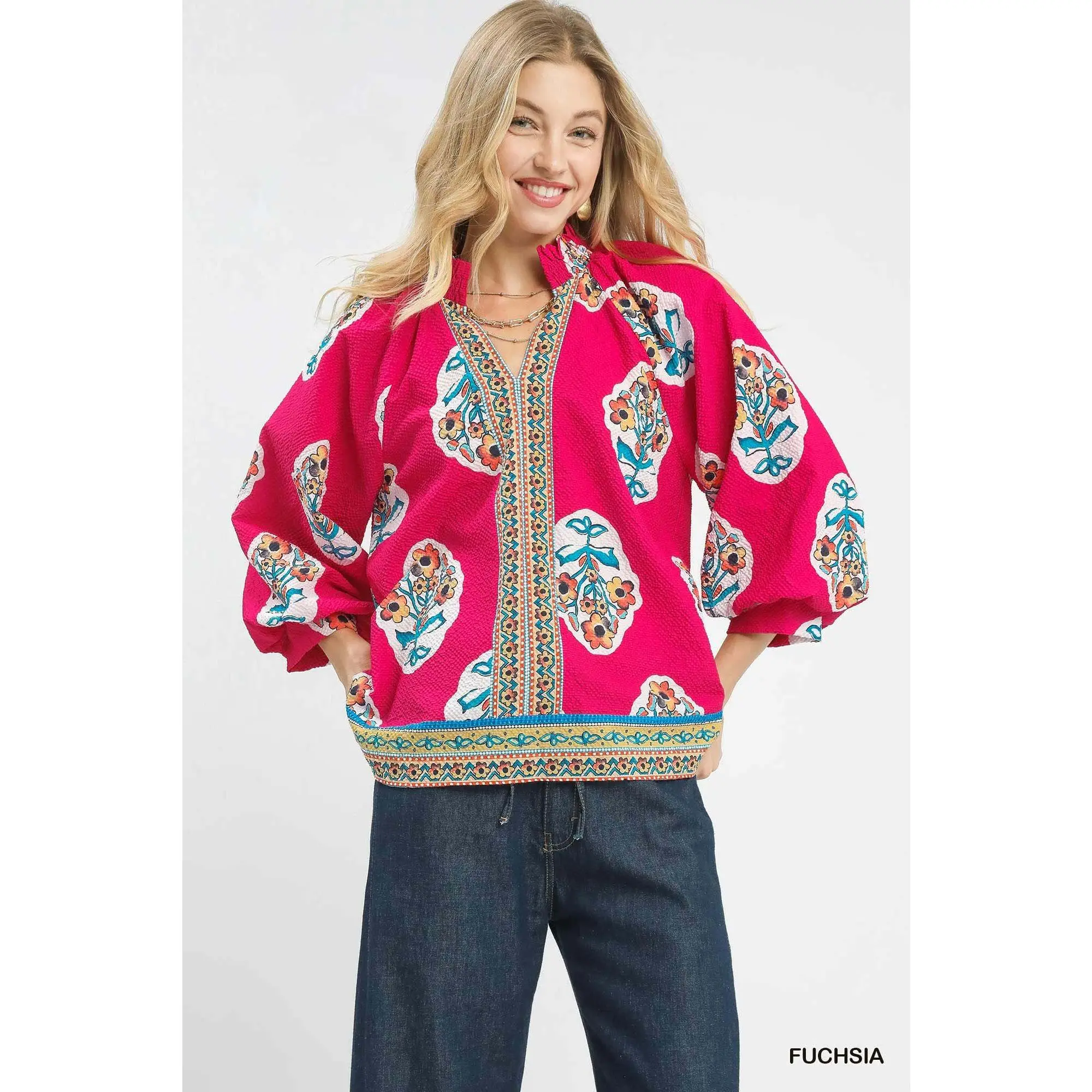 Umgee Boho Floral Print Tunic Blouse - Long Sleeve, Split V-Neck, Medium Length, Machine Washable, Autumn Fashion, Fuchsia, Smocked Design, Flowy 3/4 Sleeves, Casual Outings, Bohemian Chic Green Contrast Ruffle Blouse