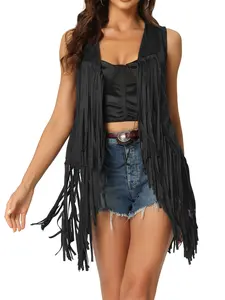 INSPIRE CHIC Vintage Boho Faux Suede Casual Sleeveless Front Open Cardigan Vest Black
