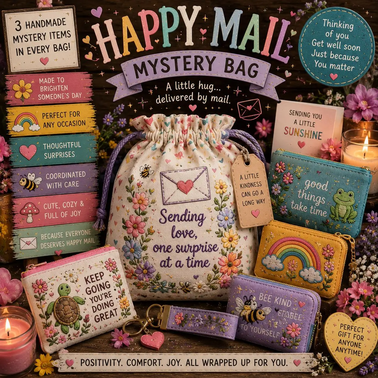 Happy Mail Mystery Bag | Handmade Care Package | Thinking of You Gift | Just Because Surprise | Cheer Up Gift | 3 Handmade Mystery Items