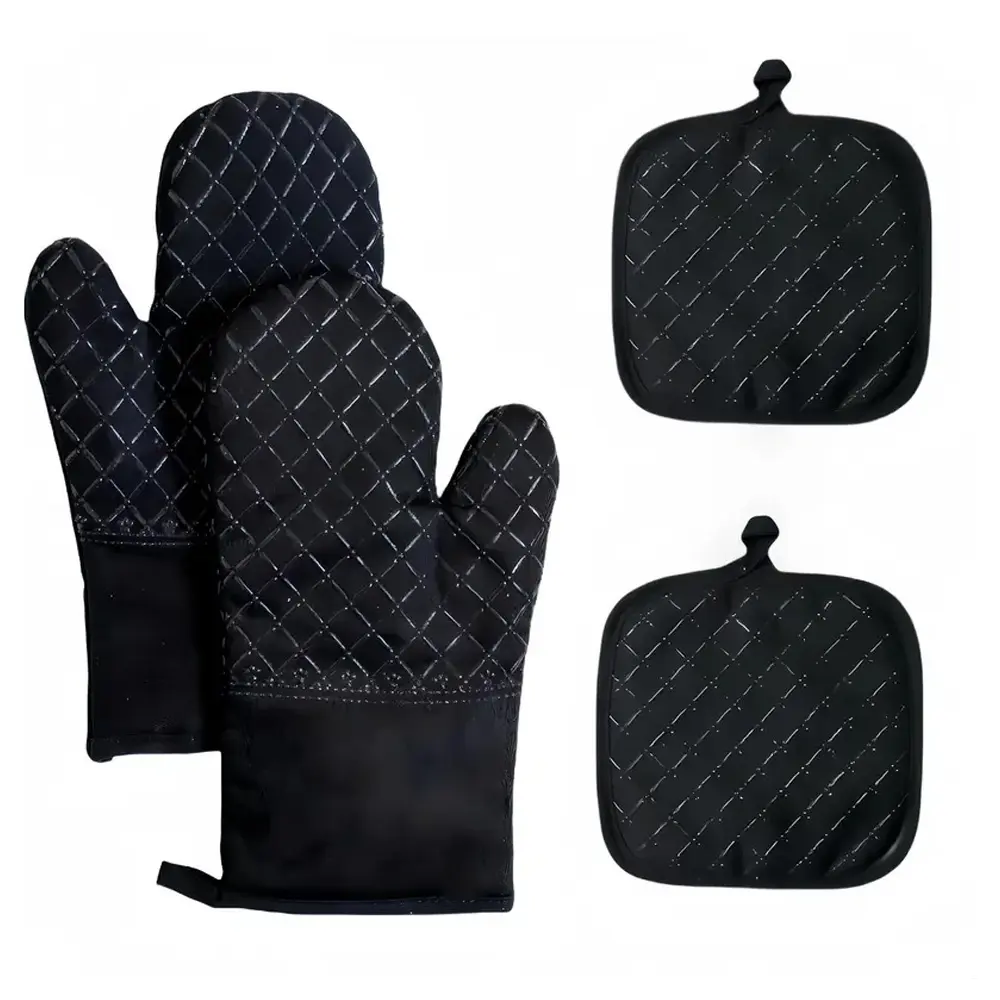 Oven Mitts and Pan Racks 4-Piece Set - Extreme Heat Resistant Gloves for Grill BBQ, Includes Oven Gloves & Cut Resistant Bakeware Kitchen Silicone
