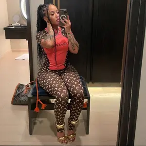 Cosmic Glam Moon Print Bodycon Set - Stretchy Slim-Fit Top & Pants - Trendy Geometric Design for Layering & Night Outfits - Orange-Red Short Length Statement Clothes Fabric Womenswear