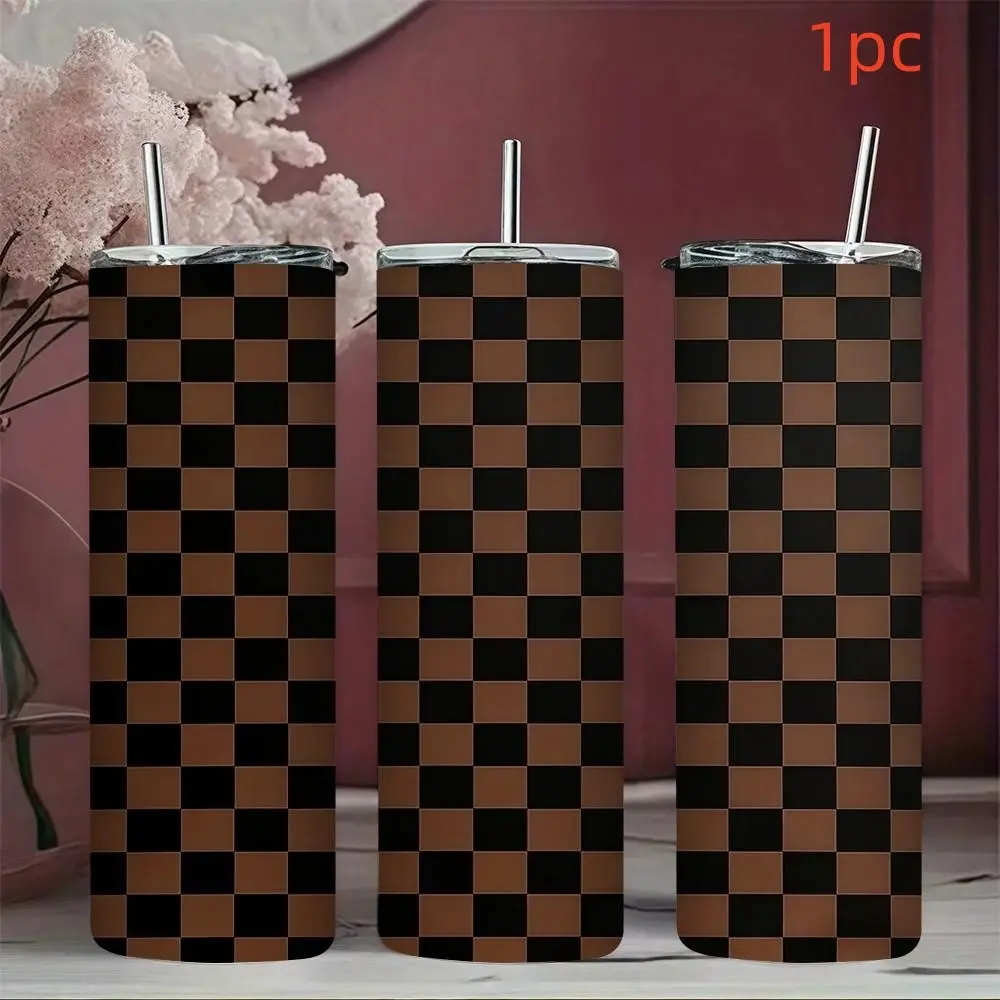 1pc 17oz/20oz/22oz/26oz/30oz/32oz Stainless Steel Water, Insulated Cups, Double-Wall Vacuum Insulated Cold Cup for Coffee & Tea, Brown Plaid Design, Outdoor Travel Tumbler, Easter Gifts for Fans, Water Bottle, Stainless Steel Drinkware