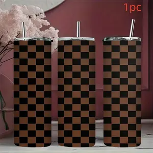 1pc 17oz/17.5oz/20oz/22oz/26oz/30oz/30.5oz/32oz Stainless Steel Water, Double-Wall Vacuum Insulated Cold Cup for Coffee & Tea, Brown Plaid Design, Outdoor Travel Tumbler, Traveler Tumbler, Easter Gifts for Fans, Water Bottle, Stainless Steel Drinkware