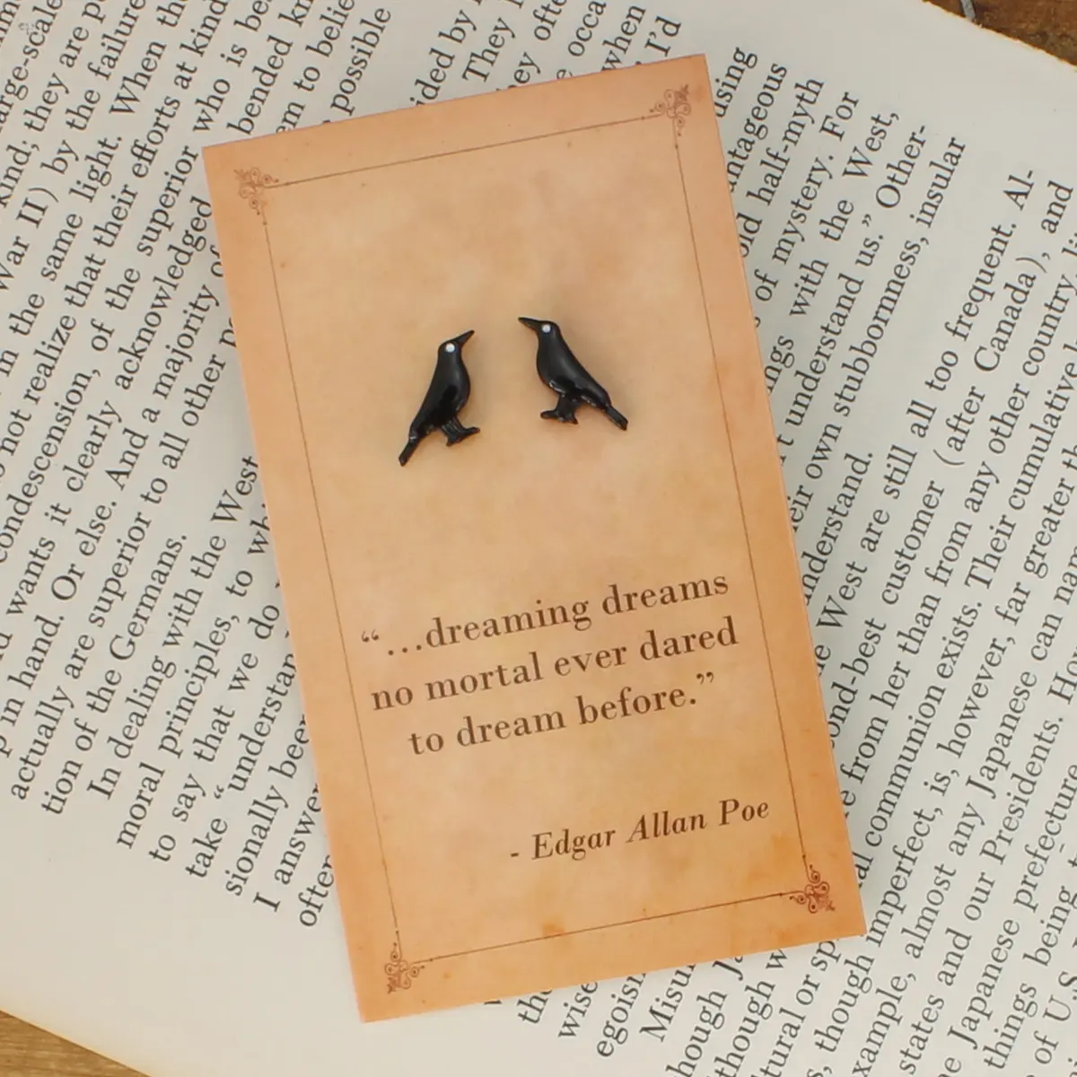 Women's Zad Jewelry Edgar Allan Poe Inspired Literary Black Crow Mini Stud Earrings - Animal Motif, Literary Quotes, Small, Long-Lasting for Daily Wear, Crow Motif