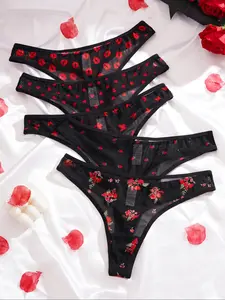 Christmas 5-Piece Fashion Women's Colorblock Lace Underwear, Sheer Lace Panty, Half-Transparent Lace, Heart Strawberry Butterfly Print, Comfortable Soft Lingerie, Valentine's Day Lingerie