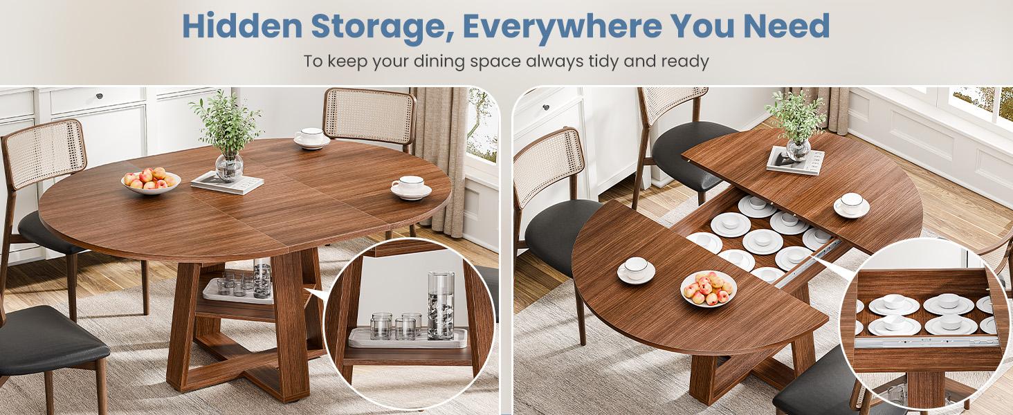 Extendable Round Dining Table for 4-8, Modern Kitchen Oval Dinner Table with Storage Shelf, Wood Pedestal Table, Space Saving Modern Style