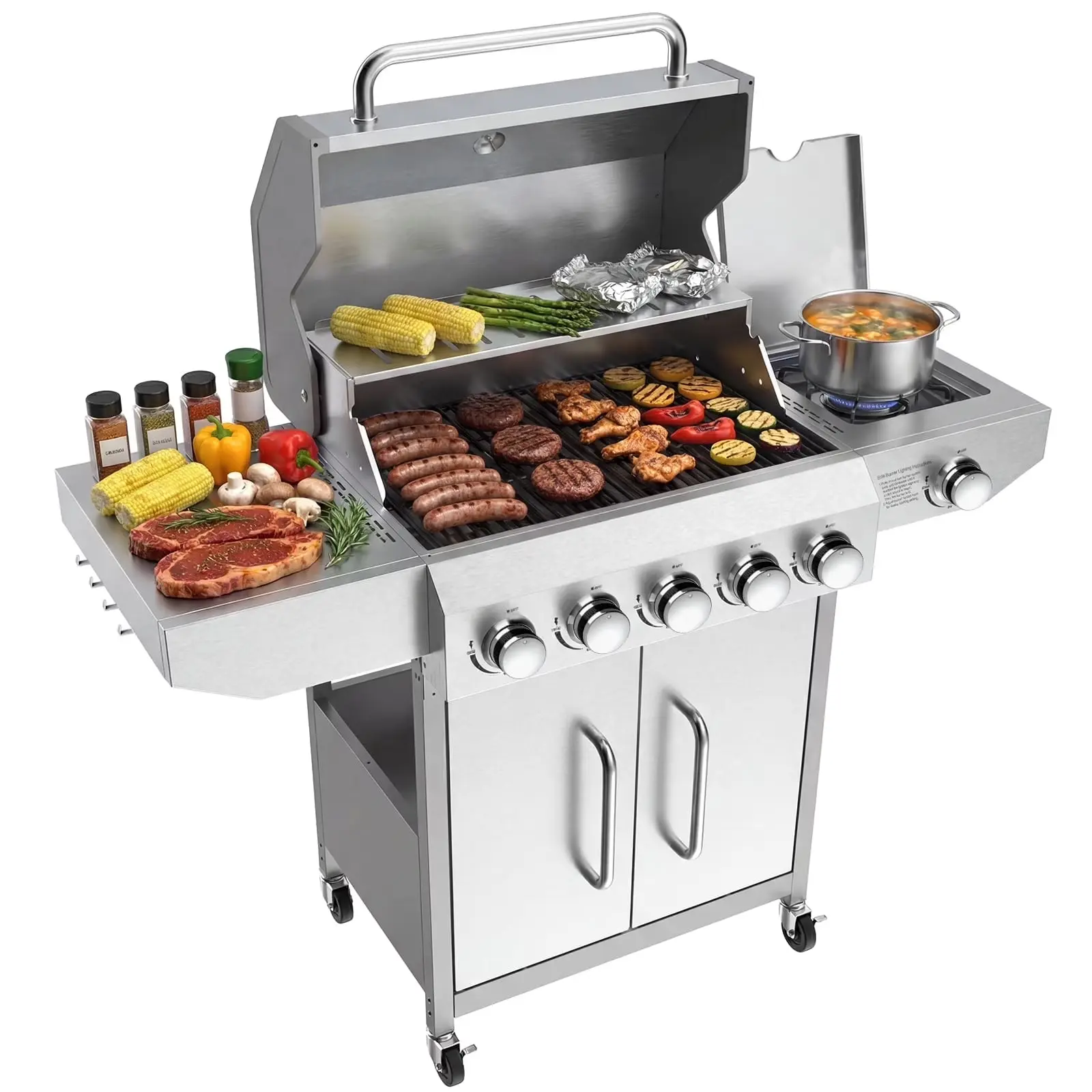 BESTFIRE 68K BTU Propane Gas Grill with 5 Main Burners & Built-in Side Burner – Stainless Steel Construction, Porcelain Enameled Cast Iron Grates, Patio Cart with Wheels for Backyard BBQ, Outdoor Cooking & Family Parties