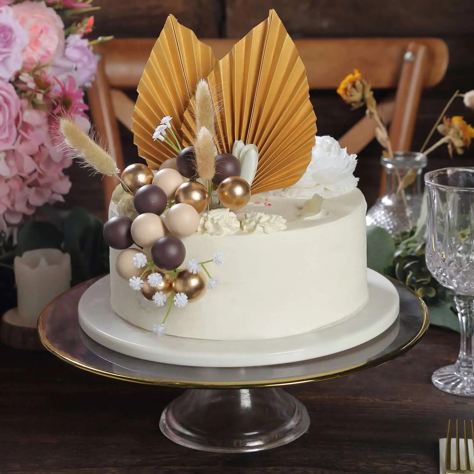 25-Pack Cake Toppers Assorted Gold Boho Style Palm Leaf and Flower Ball Design - Coffee Ball Cake Decoration Set