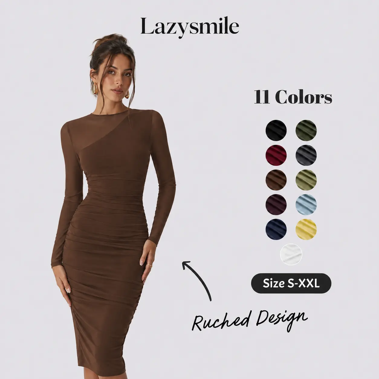 LAZYSMILE Women's Full Sleeves Mesh Bodycon Dress - Elegant Ruched Mock Neck, Modern Sexy, Ruched Bodycon Fit, Polyamide-Elastane, Formal Workwear, Elegant Dresses for Women, Wedding Guest Attire
