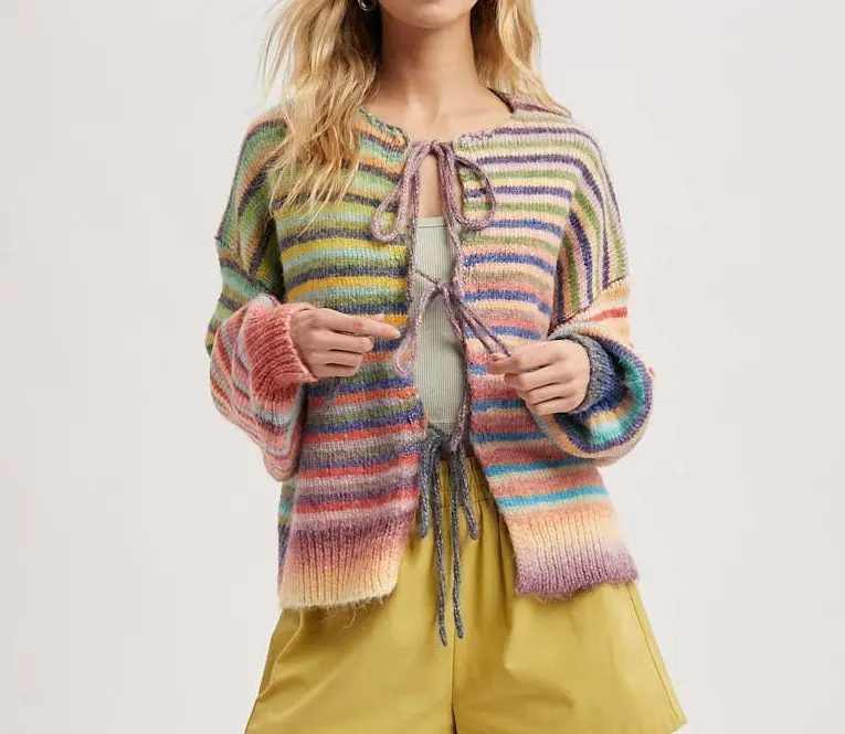 Taffy - Front Tie Rainbow Striped Cardigan