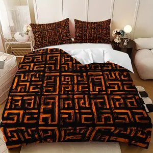 3-piece bedding set - Orange and black geometric maze pattern down comforter set (1 comforter cover + 2 pillowcases, filling not included). A perfect gift for family and friends, soft and comfortable, suitable for family bedrooms and guest rooms.