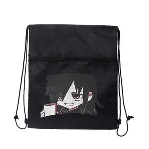 Anime Character Cartoon style character art Stylish Black Drawstring Bag Mesh Texture with Front Zipper Pocket Versatile