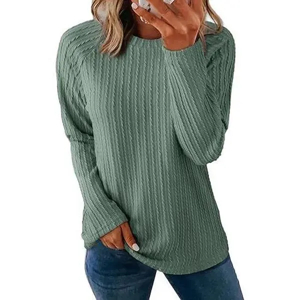 Women's Basic Ribbed Knitwear Tunic - Womenswear Winter Long Sleeve Crewneck Pullover, Comfortable Loose Fit Polyester Top for Plus Size, Solid Drop Shoulder Medium Length Lightweight Simple All Seasons Holiday Top