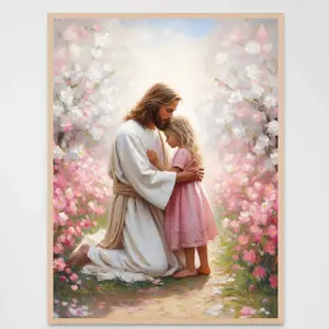 Jesus Loves You, Christian Wall Art, Jesus and Girl Bible Art, Jesus and Children Poster, Christian Kids Painting Print Decor Without Frame