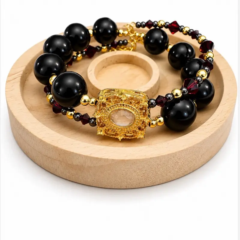 Black Bodhi Memory Wire Bracelet with 4mm and 6mm Siam Bicone Preciosa Crystals | Alloy Gold or Silver Rhinestone Charm | 3mm Gunmetal Spacer | 4mm 18k Gold or Silver Plated Spacers