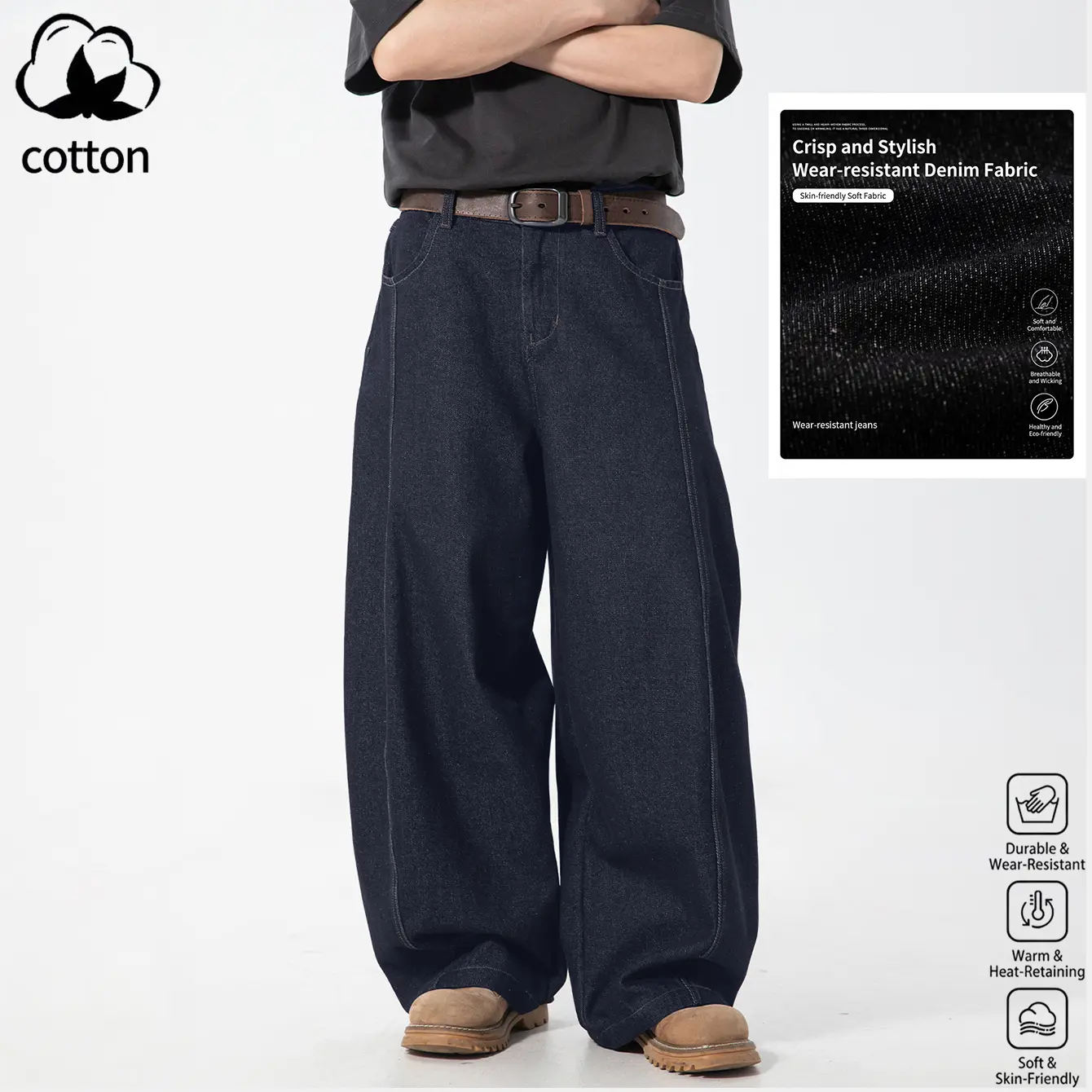Men Curved Blade Wide Leg Jeans, Vintage Black & Dark Blue 2 Color Denim Pants, Contrast Visible Stitching Split Design, Half Elastic Back Waist Baggy Arc Loose Trousers for Daily Street Skate Outfits