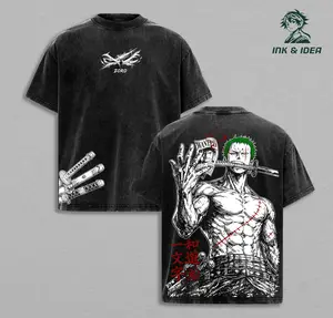 Roronoa Zoro Vintage Washed Oversized T-Shirt – OP Anime Double Printed Graphic Tee, Three Sword Style Manga Shirt, Anime Streetwear Apparel, Soft Cotton Casual Unisex Top, Gift for Anime Fans