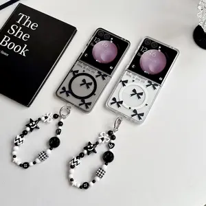Glossy transparent bow pattern magnetic phone case, supports wireless charging, comes with a bracelet, hard PC back panel protects the phone case, suitable for Samsung Galaxy Z Flip7, Z Flip7 FE, Z Flip6, Z Flip5 Cover, Accessories