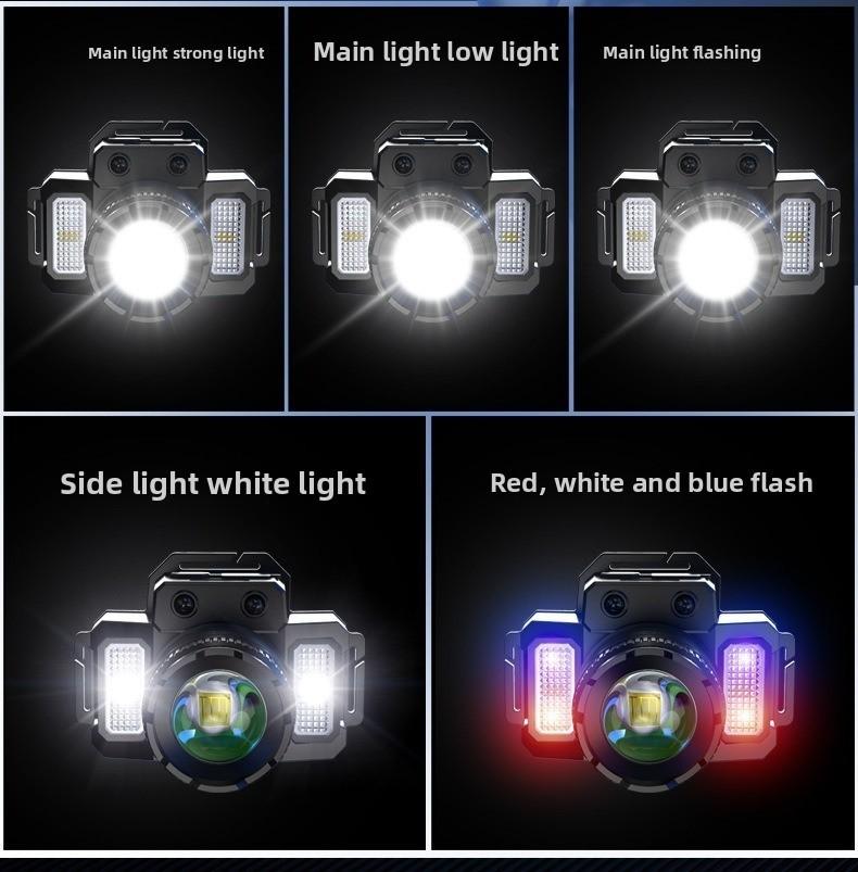 Rechargeable LED Motion Sensor Headlamp - 120000LM Zoomable, Adjustable Beam, Waterproof Head Torch with Red-Blue Warning Flash for Fishing, Hiking