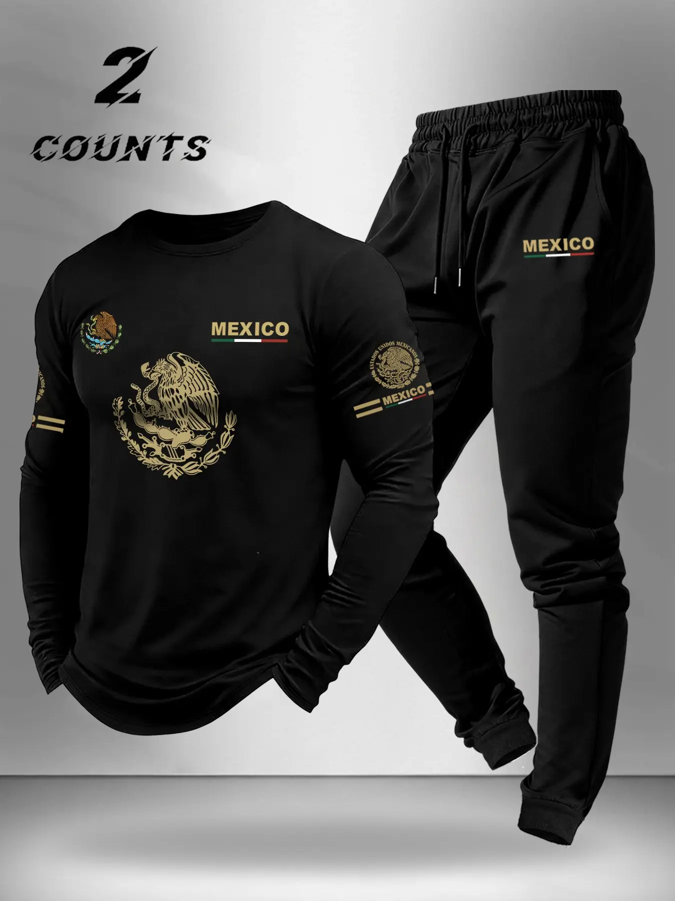 Spring Summer Mexico Flag Print Long Sleeve Top and High Waist Pants Set Outfit Clothes, Casual Stylish Fitted Comfortable Breathable Fabric, Ideal for Outdoor Activities
