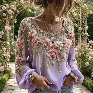 Unique Vintage Flower  V-Neck Top, Artistic Ethnic Style Long  Tee plus size clothes women's summer women Tank Crop Bra Built-in Ribbed leopard print sleeve