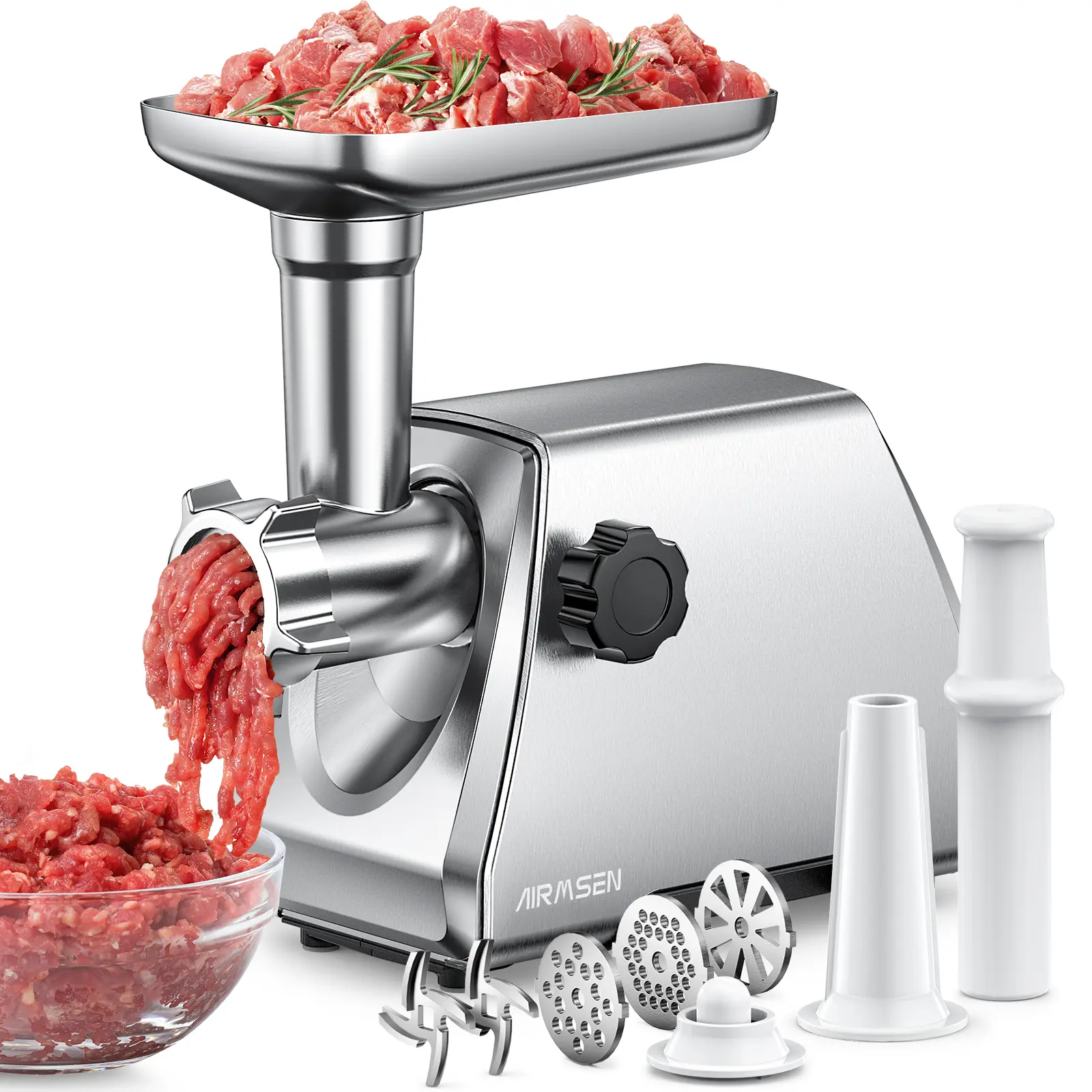 AIRMSEN Electric Meat Processor & Mincer – Heavy-Duty Professional Stainless Steel Sausage Maker & Stuffer with 3 Plates, 2 Stainless Blades, Kubbe Kit – Fast, Quiet, Easy-to-Clean for Home Kitchen Use