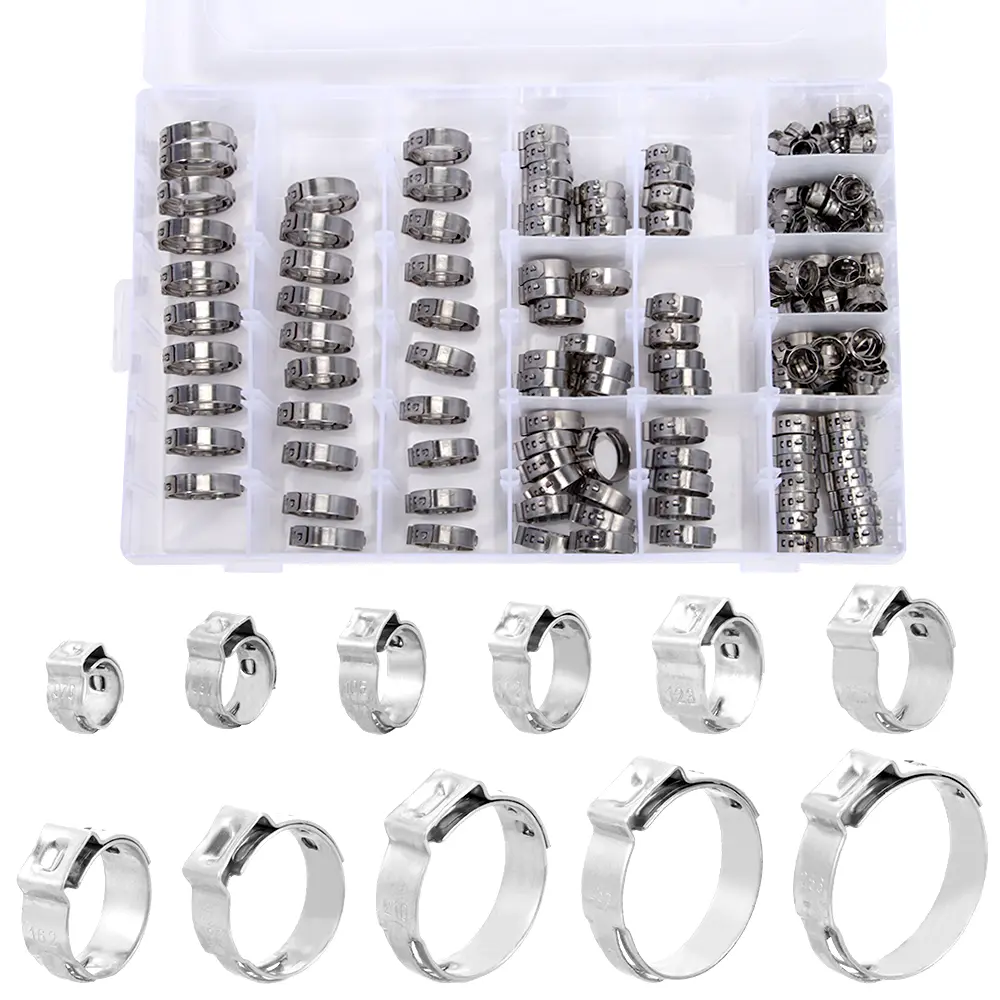 170Pcs/Set 304 Stainless Steel Single Ear Hose Clamp,11 Sizes 1/4-1 Inch Constant Crimp Stepless Cinch Rings Crimp Assortment Kit for Water Pipe,Hand Tools Kits