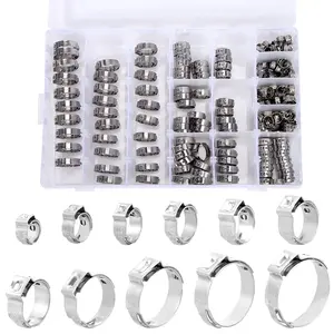 170Pcs/Set 304 Stainless Steel Single Ear Hose Clamp,11 Sizes 1/4-1 Inch Constant Crimp Stepless Cinch Rings Crimp Assortment Kit for Water Pipe,Hand Tools Kits