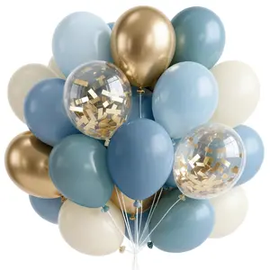 PartyWoo Dusty Blue Balloons 66pcs 12 Inch Light Baby Slate Blue Off White Sand Metallic Gold Boho Confetti Balloons for Baby Shower Party Decorations