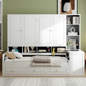 Twin Size Daybed With Storage,  Wooden Platform Bed with Bookcase, Three Drawers, Desk and Wardrobe, All-in-One Cabinet, Storage Shelves, No Box Spriing Needed