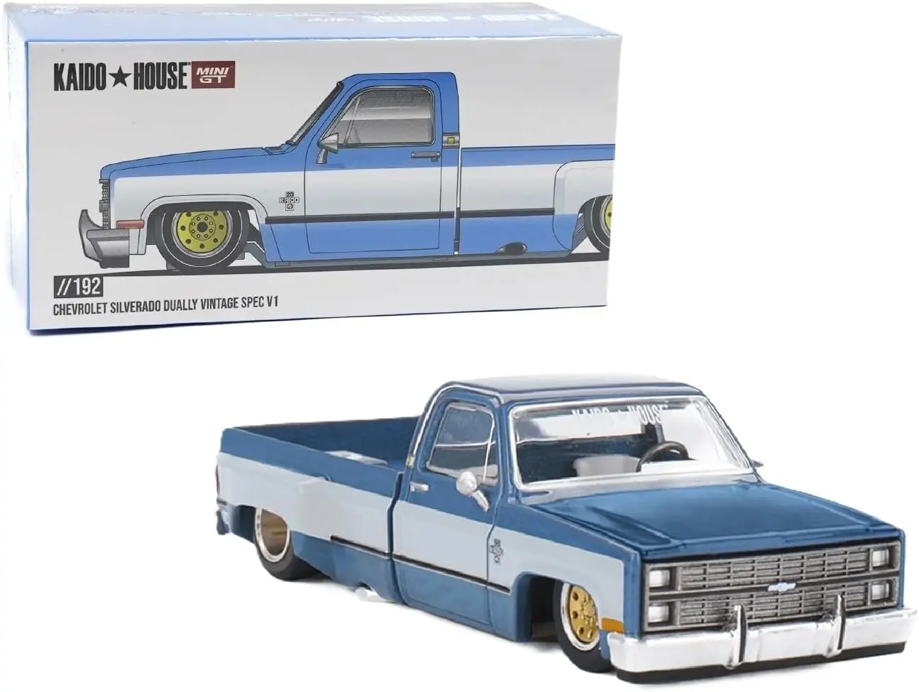 Kaido House x Mini GT 1:64 Chevrolet Silverado Dually Vintage Spec V1 Blue Diecast Model Car KHMG192