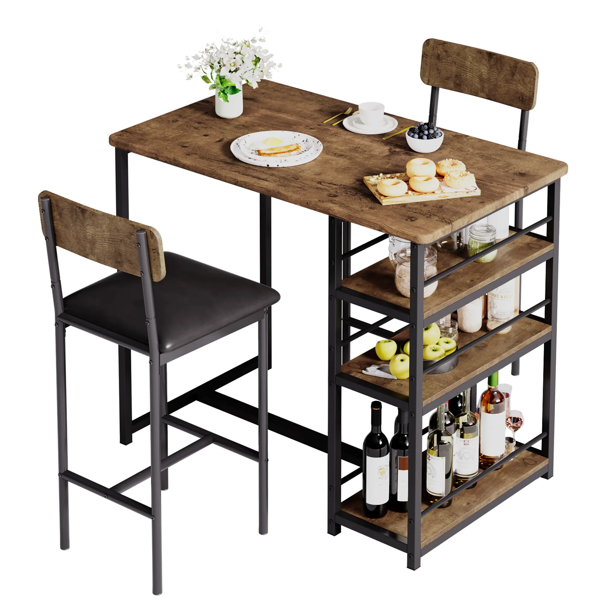 Space-Saving 3-Piece Dining Table Set for 2 – Bar Table & Upholstered Chairs, 3 Large Storage Shelves, Perfect for Modern Small Kitchen or Breakfast Nook