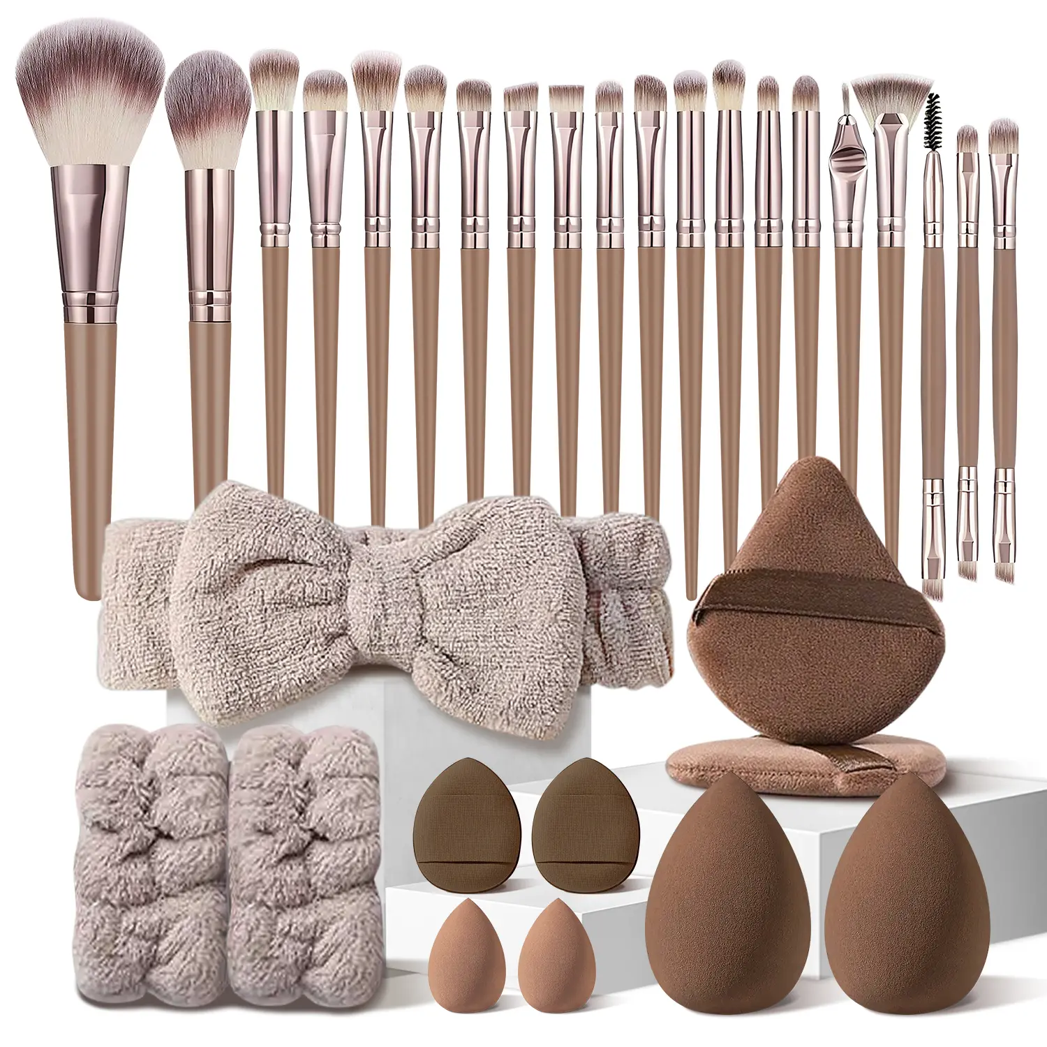 31-Piece High-Quality Brown Makeup Tools Set, 20Pcs Premium Foundation Powder Concealers Eye Shadows Makeup Brushes Set with & Makeup Sponges & Headband & Wristbands, Triangle Puffs, Mini Makeup Puffs, Professional Make up Brush Kit for Women and Girls
