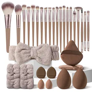31-Piece High-Quality Brown Makeup Tools Set, 20Pcs Premium Foundation Powder Concealers Eye Shadows Makeup Brushes Set with & Makeup Sponges & Headband & Wristbands, Triangle Puffs, Mini Makeup Puffs, Professional Make up Brush Kit for Women and Girls