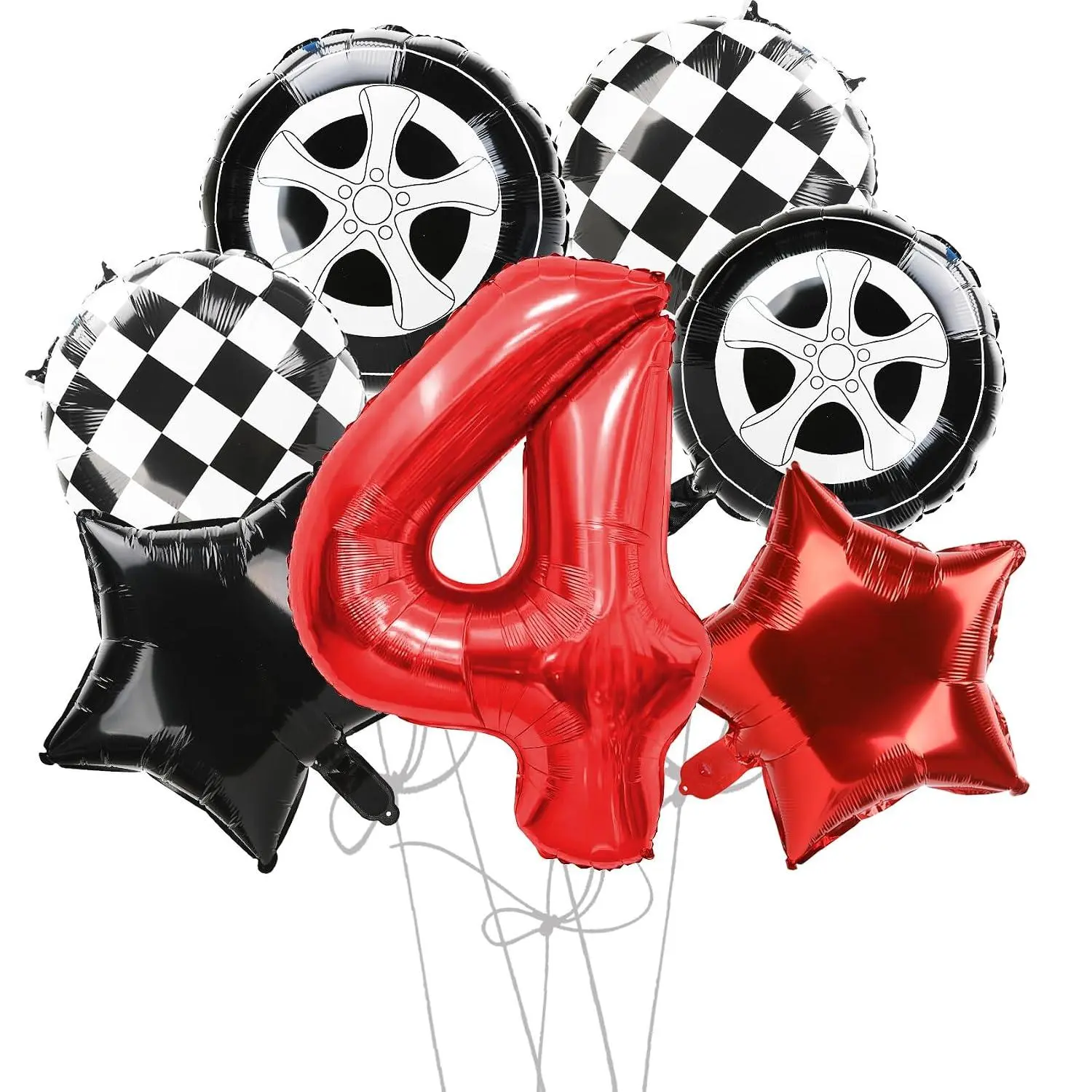 Race Car Birthday Balloons Number 4 Balloon Racing Theme Party Decorations, 7 Pcs Set Of Black And White Wheels Balloons Red Cars Birthday Decorations 40 Inch Car Balloons Number 4 For Boy