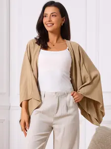 INSPIRE CHIC Women's Summer Linen Cardigan 3/4 Sleeve Open Front Loose Cover Ups Lightweight Shrug