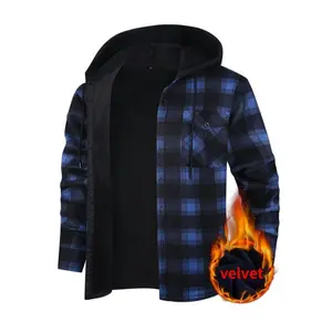 Men's Plaid Flannel Hooded Jacket - Warm Casual Winter Work Shirt with Pockets, Long Sleeves, Velvet Lining, and Collar for Loggers