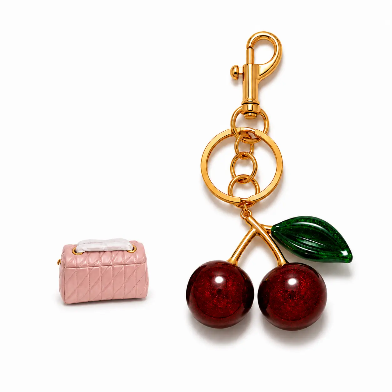 Cherry Bag Charm Keychain with Mini Handbag, Cute Red Cherry Purse Charm for Women, Fashion Key Ring Accessory with Quilted Bag